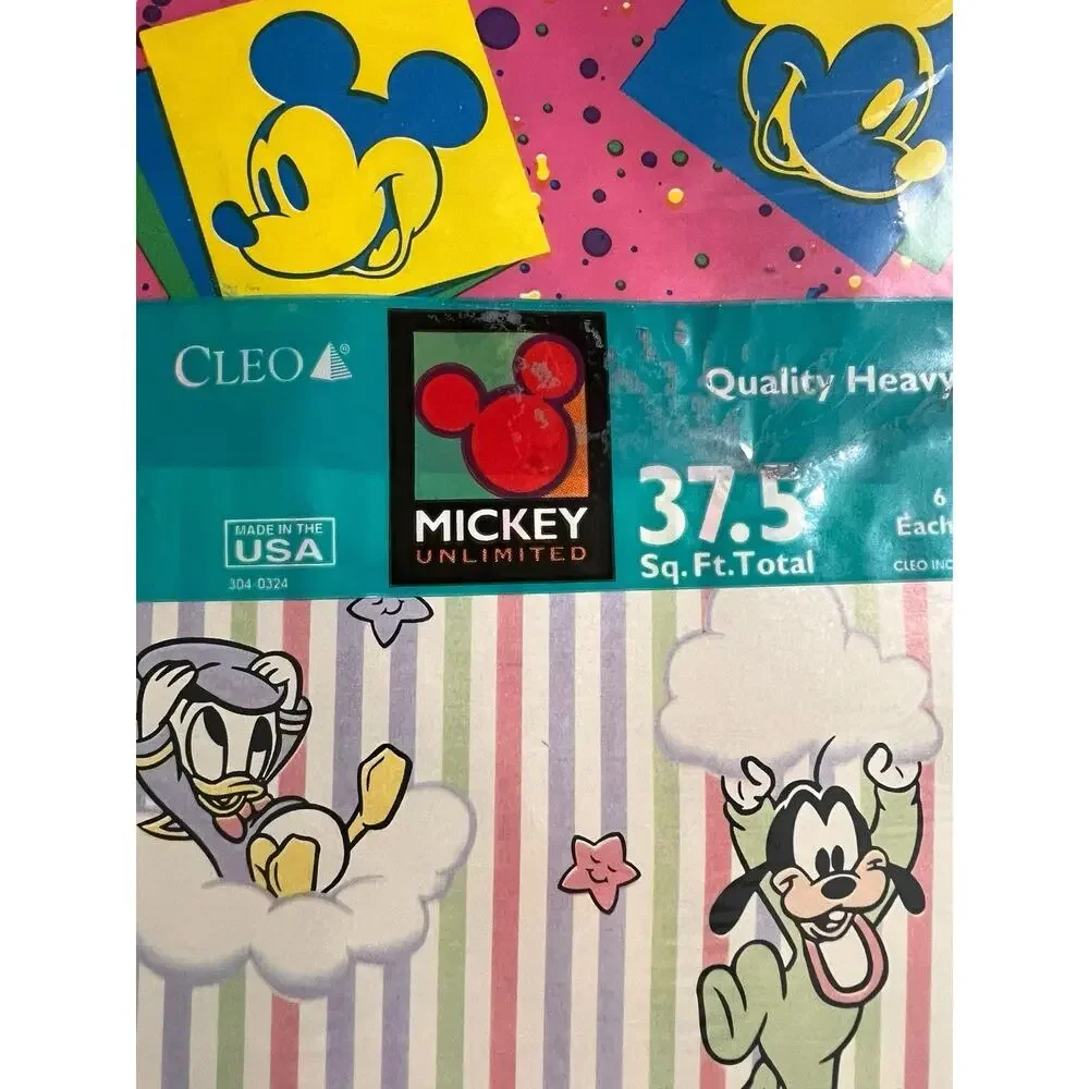 CLEO 80s Disney Mickey Mouse Minnie Goofy Wrapping Paper Flat 6 Sheets 37.5 Sq F